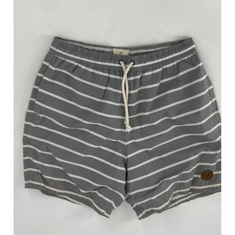 Great Lakes Swimwear Men's Trunks Gray White Stripe Liner Medium Drawstring